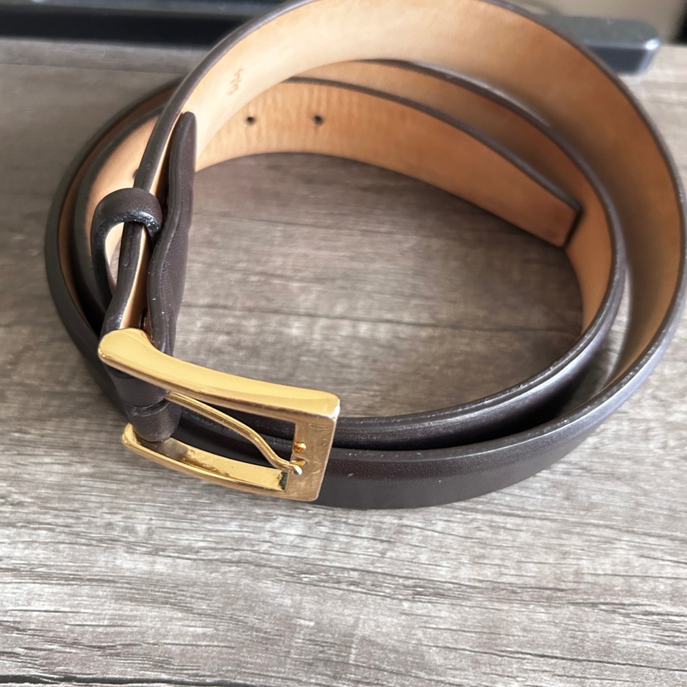 VTG W Kleinberg Leather Belt 44 Brown Gold Buckle USA Designer Classic Minimal